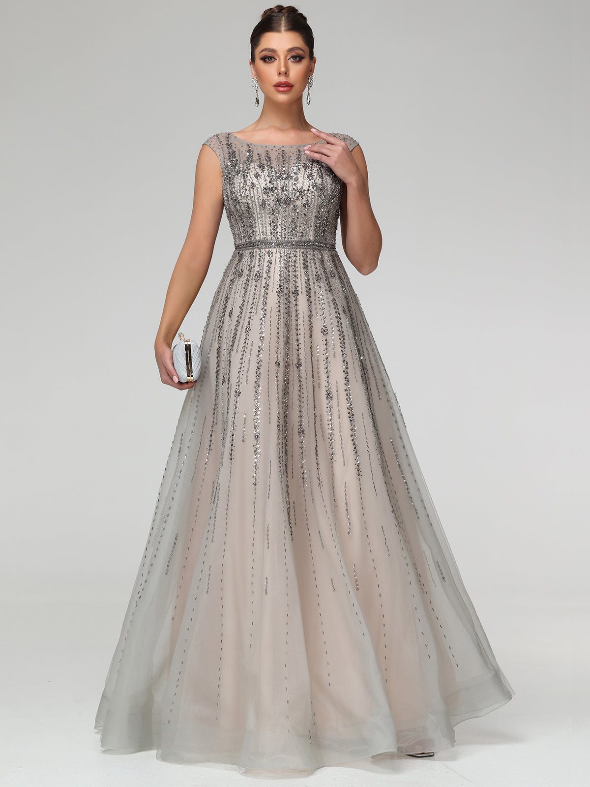 Vittoria Rhinestone Open Back Mesh Maxi Dress