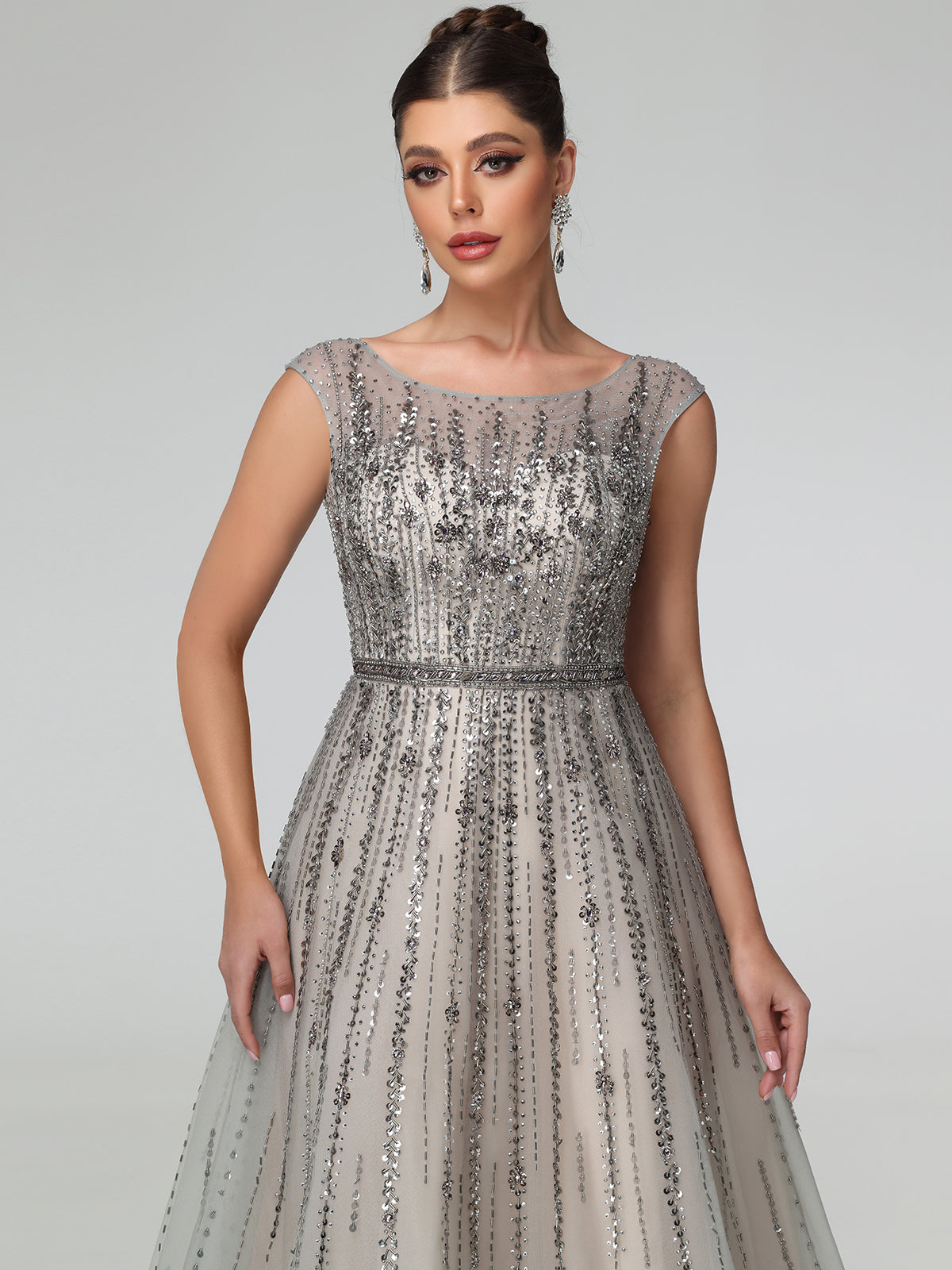 Vittoria Rhinestone Open Back Mesh Maxi Dress