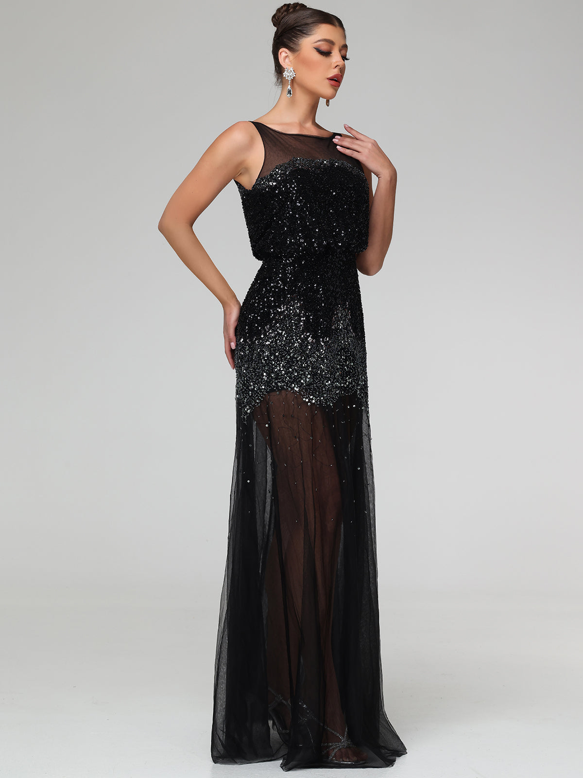 Iskra Beaded Sequin Mesh Open Back Maxi Dress