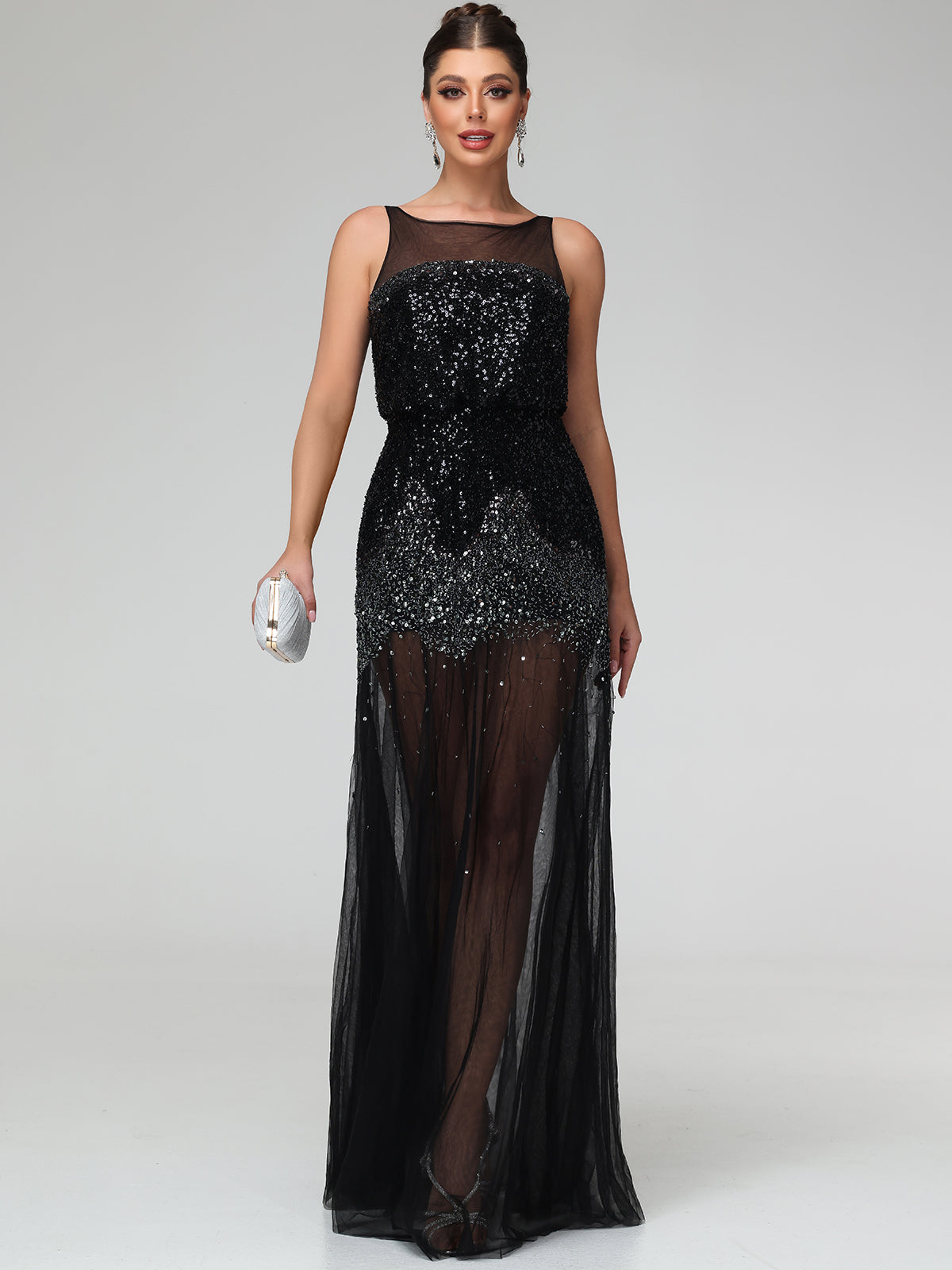 Iskra Beaded Sequin Mesh Open Back Maxi Dress