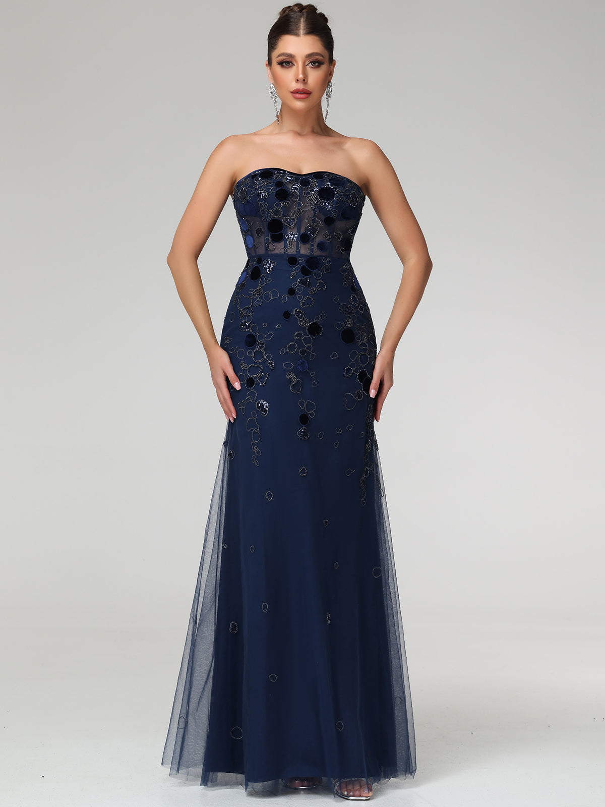 Jovie Sweetheart Corset Embellished Mesh Maxi Dress