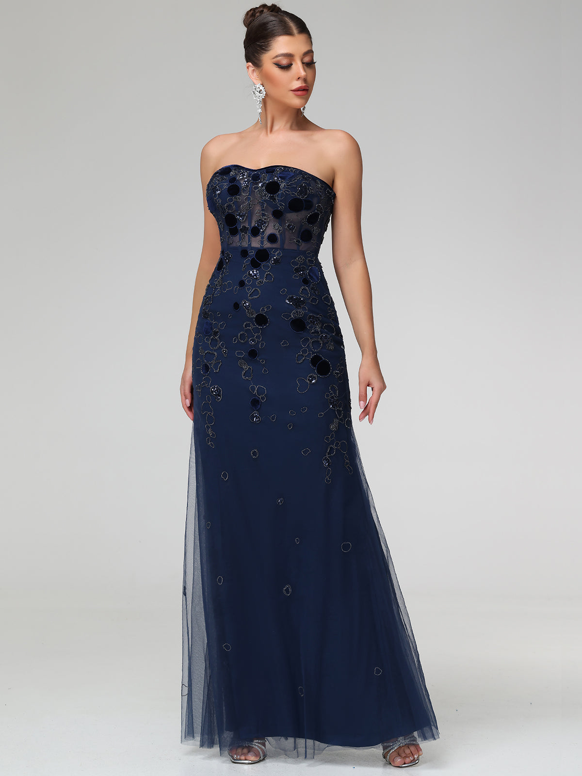 Jovie Sweetheart Corset Embellished Mesh Maxi Dress