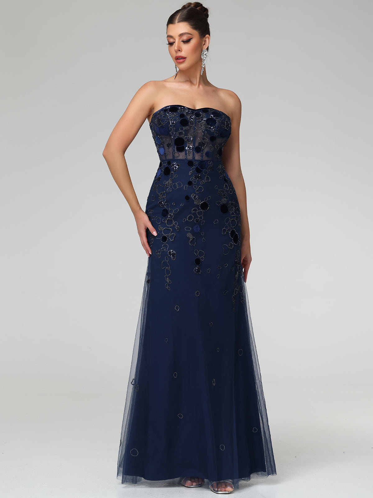 Jovie Sweetheart Corset Embellished Mesh Maxi Dress