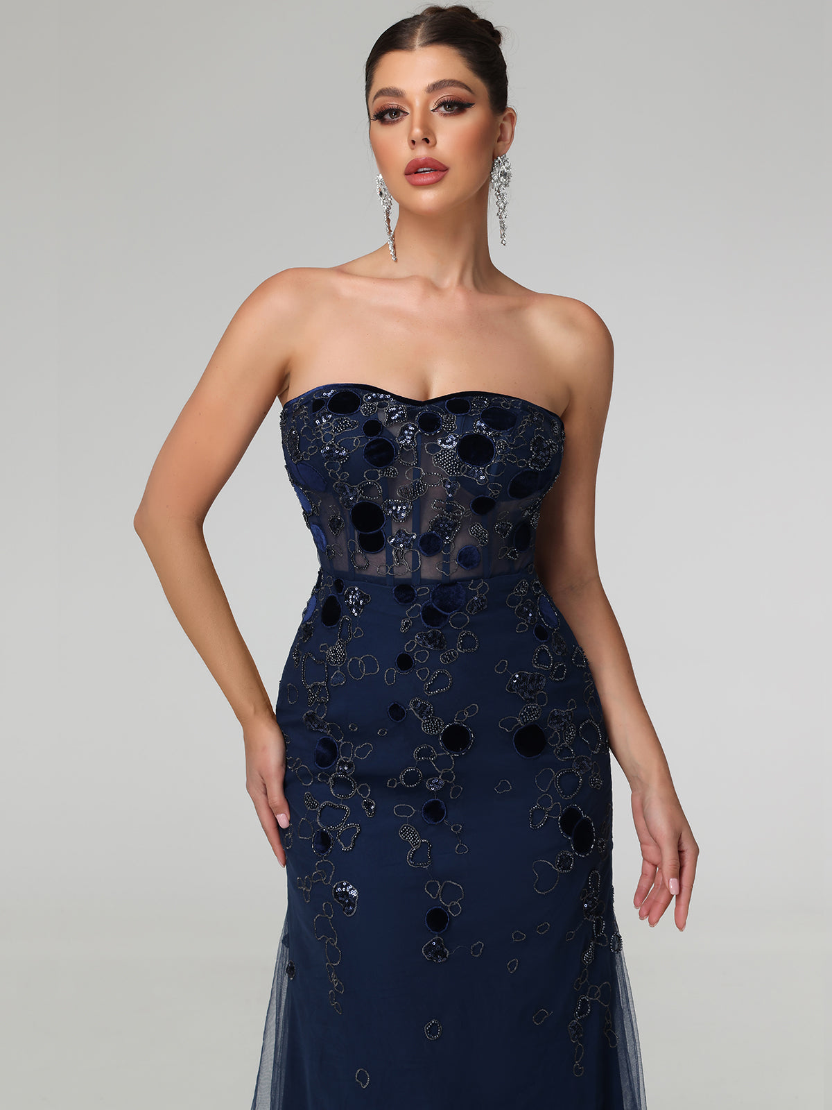 Jovie Sweetheart Corset Embellished Mesh Maxi Dress