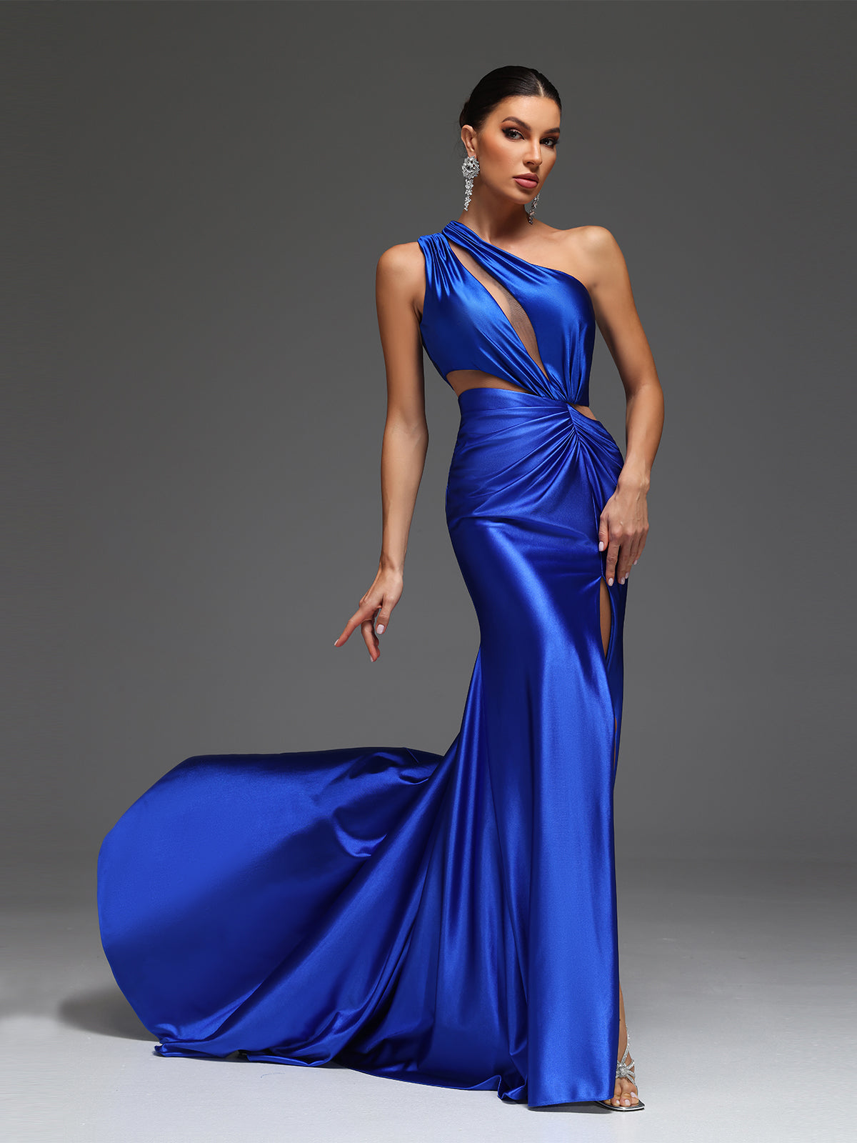 Zayda Satin Cut-Out Mesh High Slit Maxi Dress