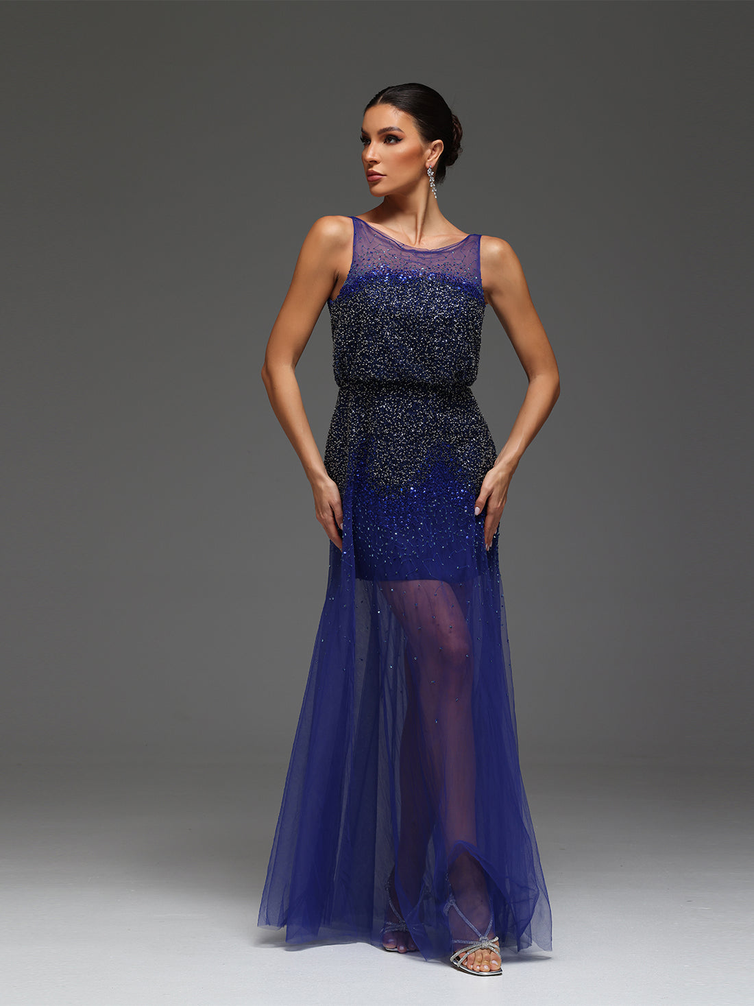 Odalis Beaded Sequin Mesh Open Back Maxi Dress