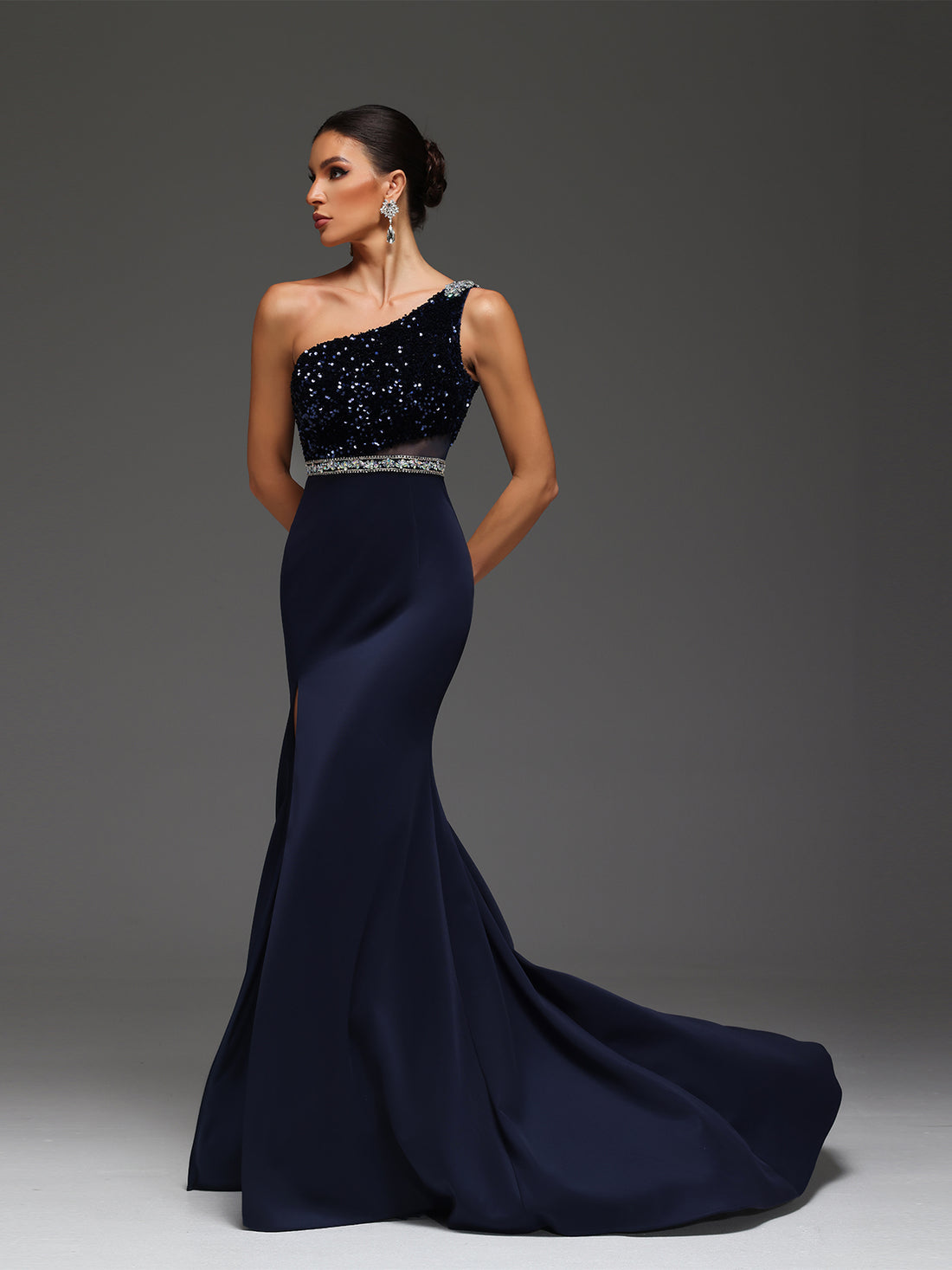 Camila Rhinestone Sequin Satin High Slit Maxi Dress