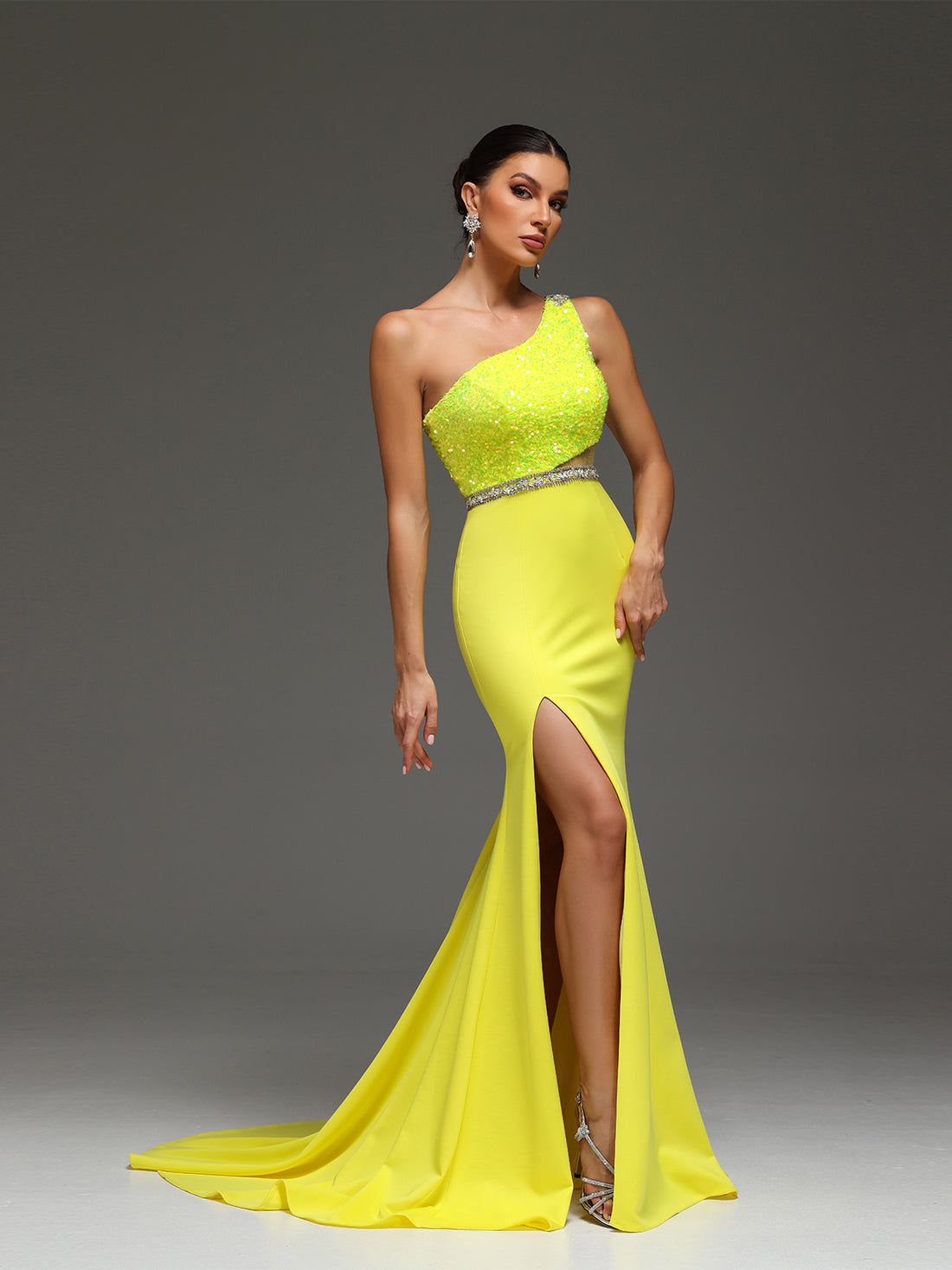 Marilyn Beaded Sequin High Slit Cut-Out Mesh Maxi Dress