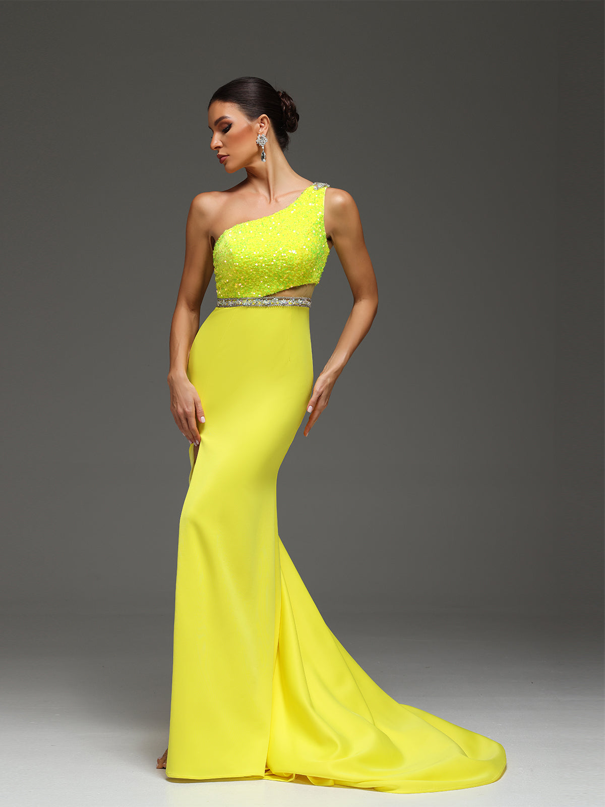 Marilyn Beaded Sequin High Slit Cut-Out Mesh Maxi Dress