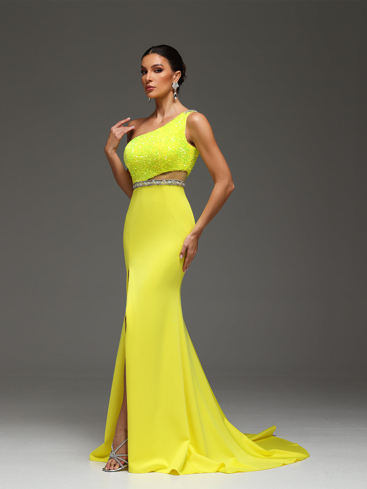 Marilyn Beaded Sequin High Slit Cut-Out Mesh Maxi Dress