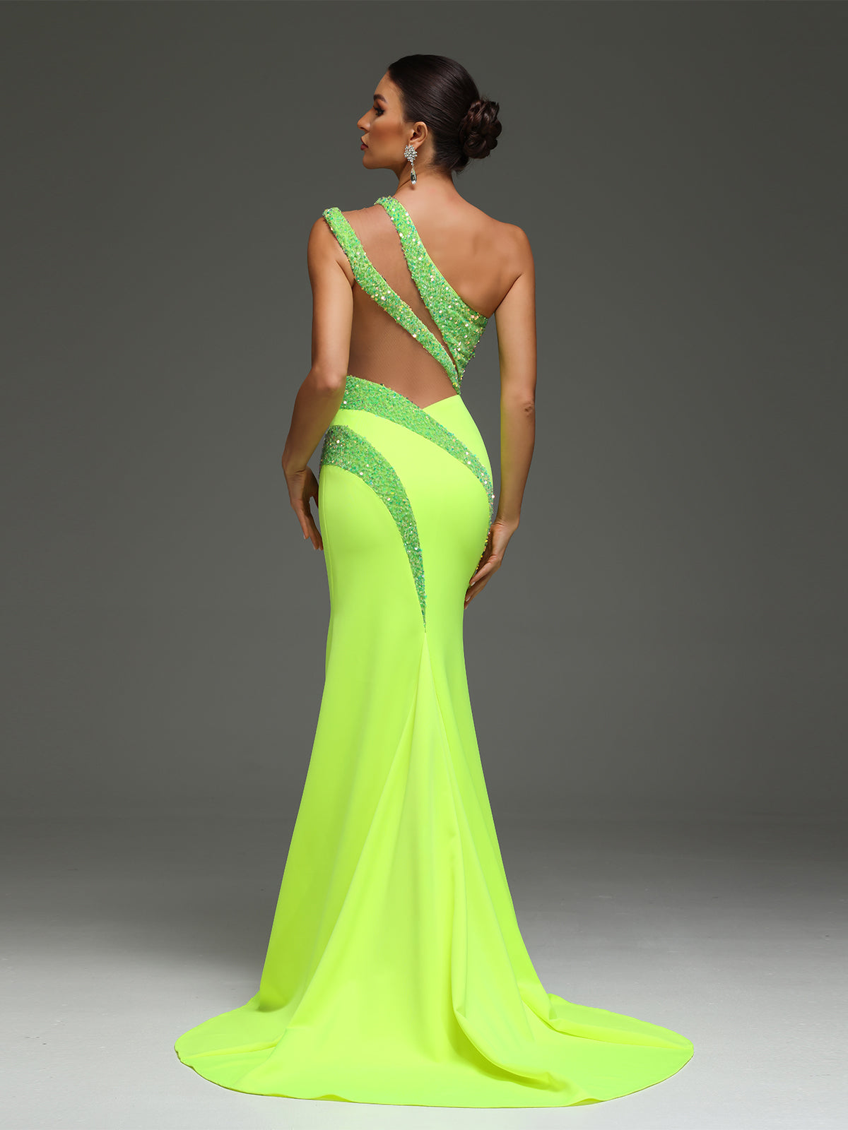 Dahlina Cut-Out Mesh Beaded High Slit Maxi Dress