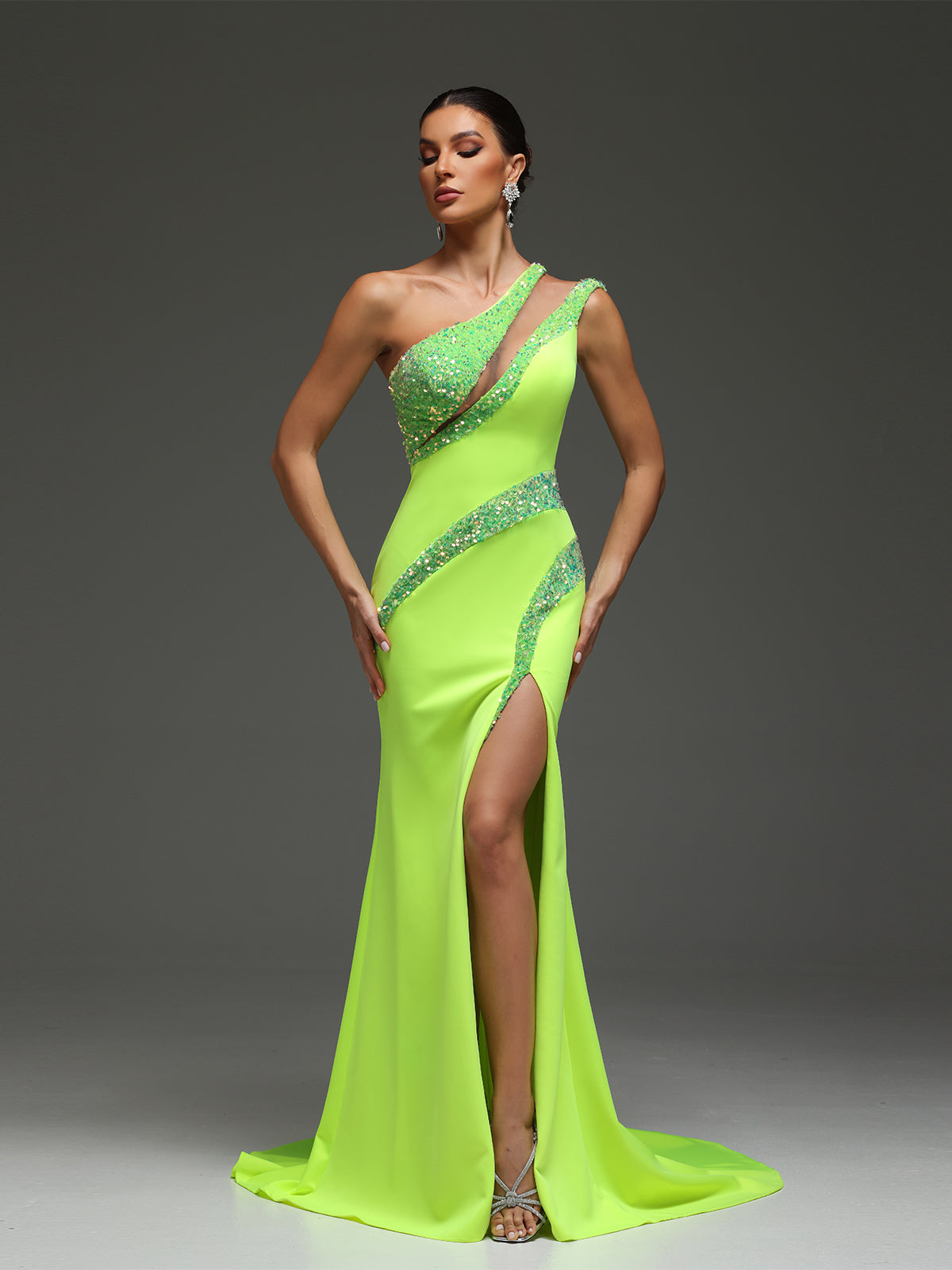 Dahlina Cut-Out Mesh Beaded High Slit Maxi Dress