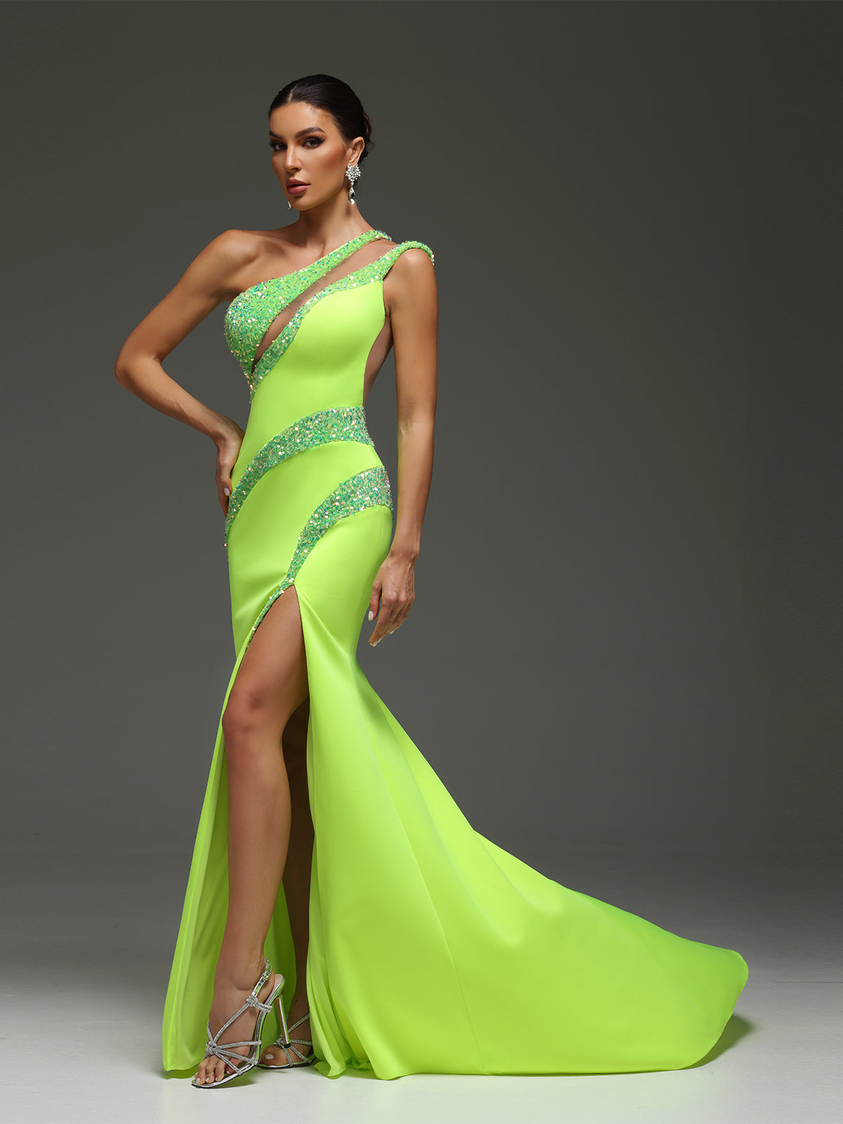 Dahlina Cut-Out Mesh Beaded High Slit Maxi Dress