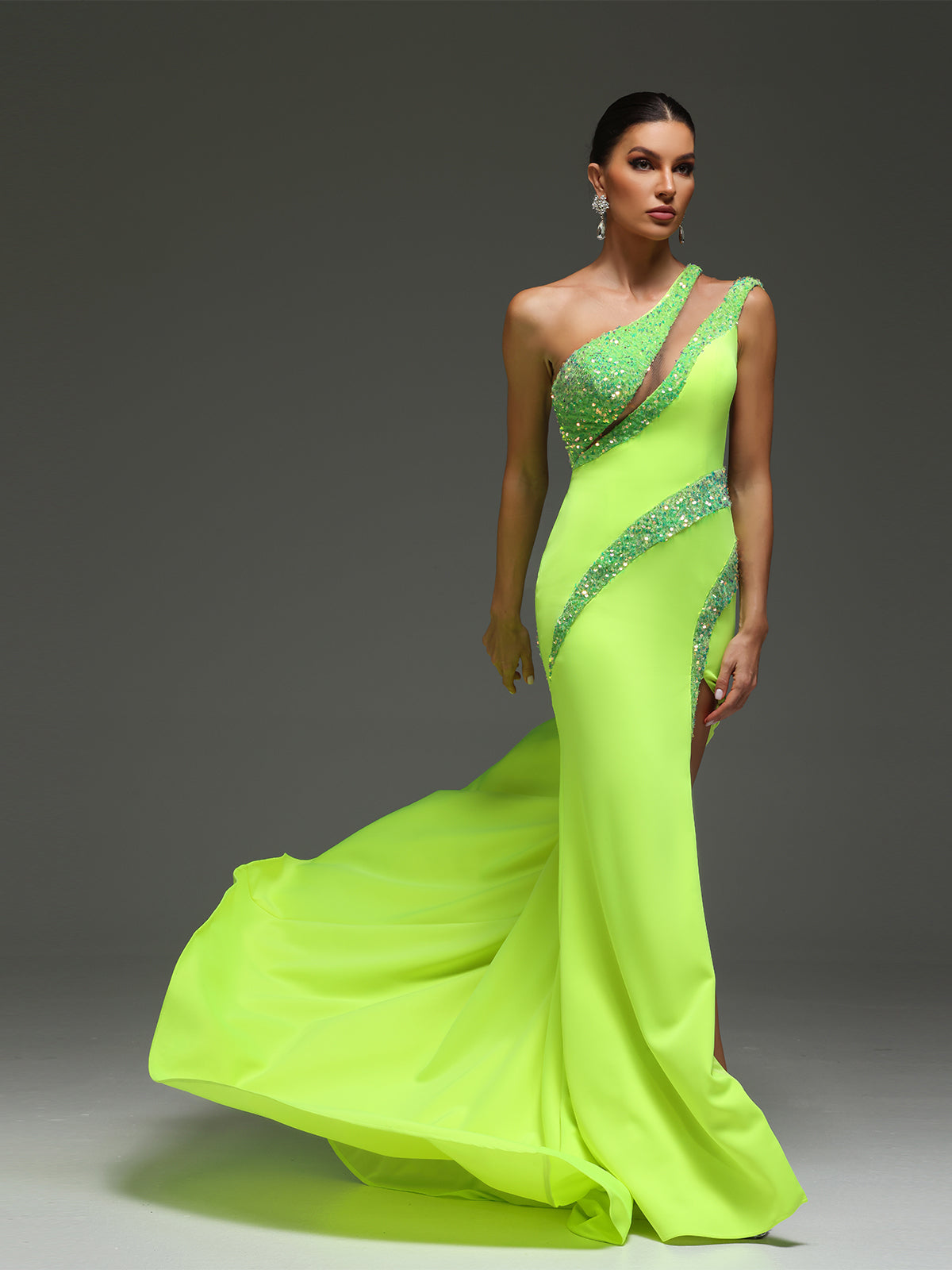 Dahlina Cut-Out Mesh Beaded High Slit Maxi Dress