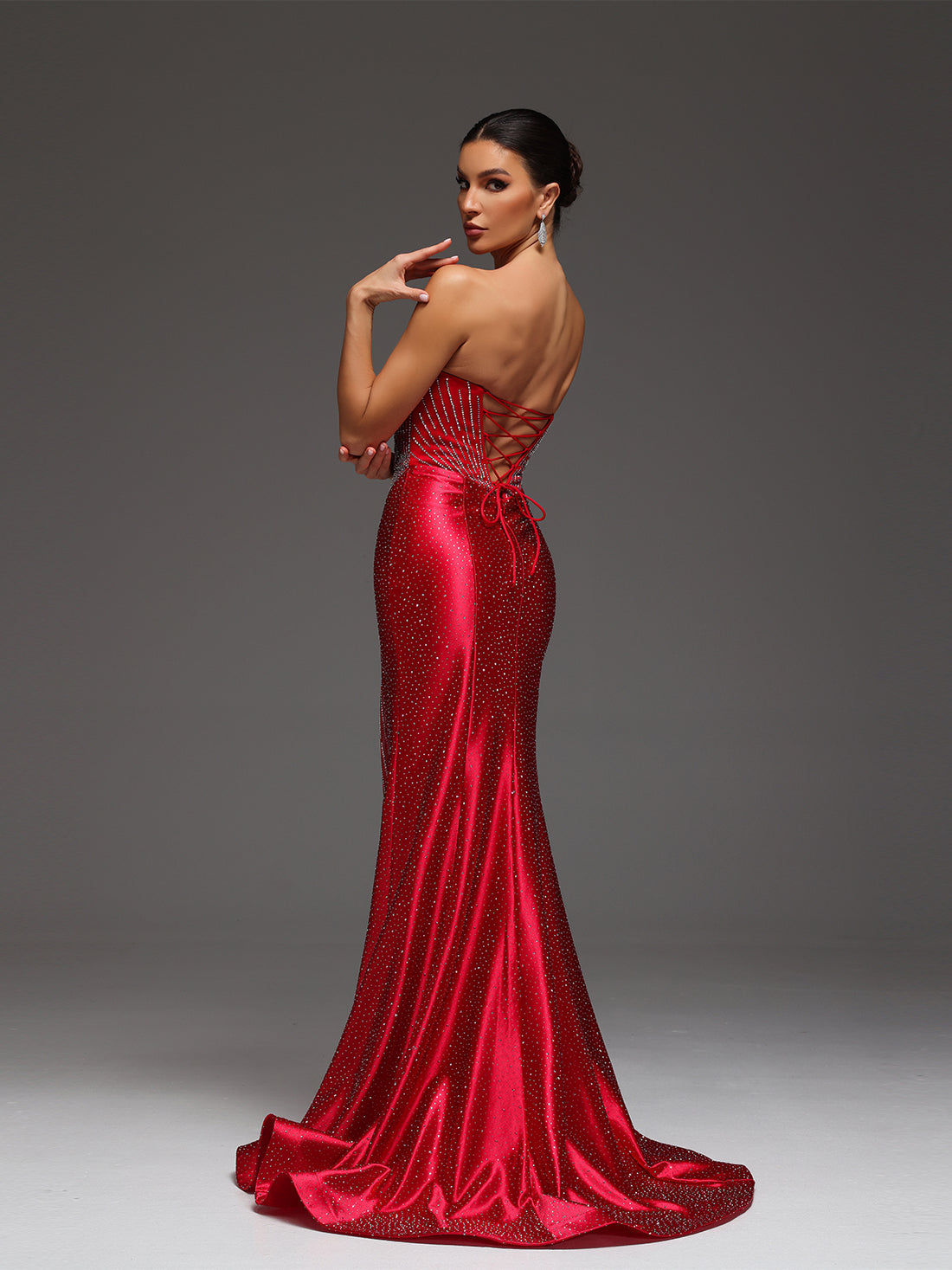 Tae Sweetheart Satin Rhinestone Maxi Dress