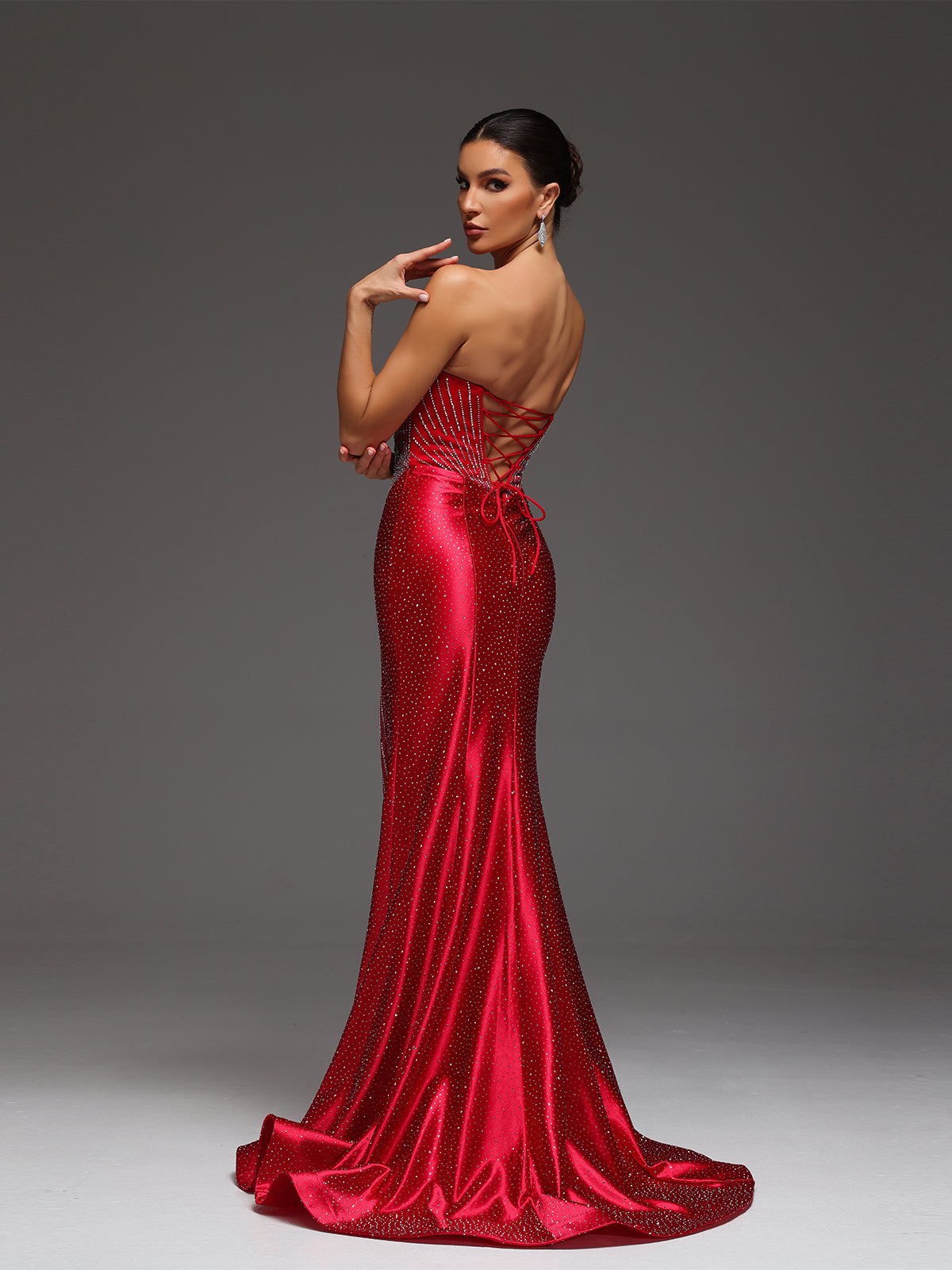 Tae Sweetheart Satin Rhinestone Maxi Dress