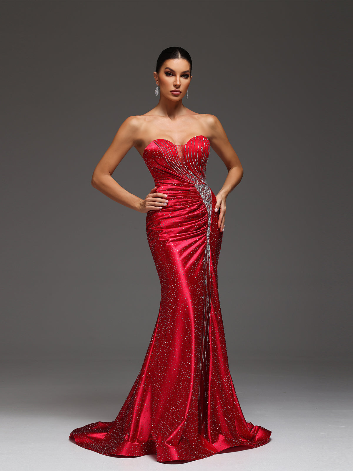 Tae Sweetheart Satin Rhinestone Maxi Dress