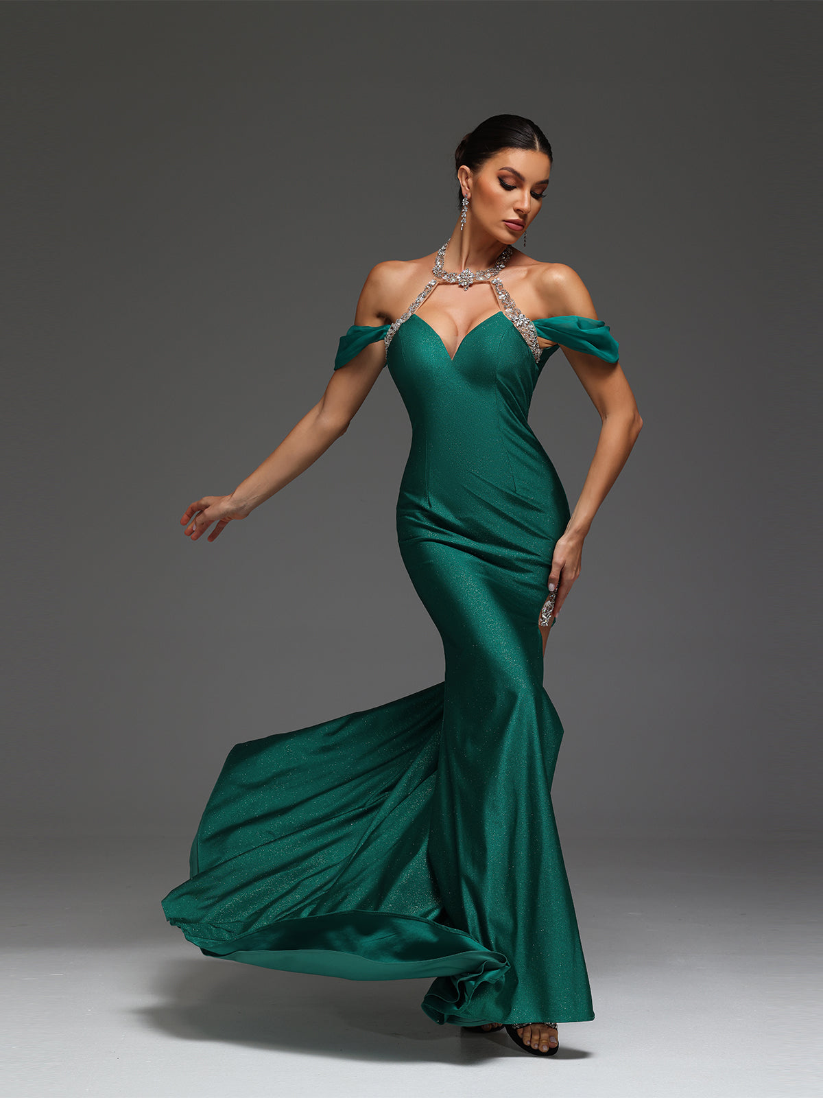 Raizel Halter Rhinestone High Slit Maxi Dress