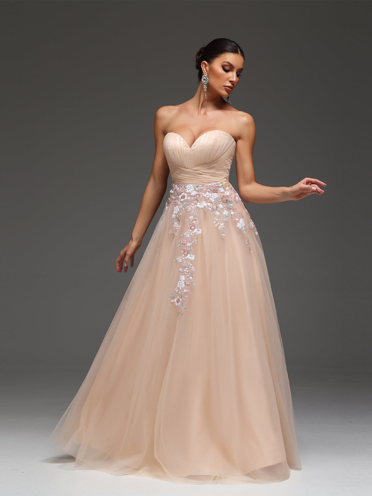 Pallas Sweetheart Floral Mesh Beaded Sequin Maxi Dress