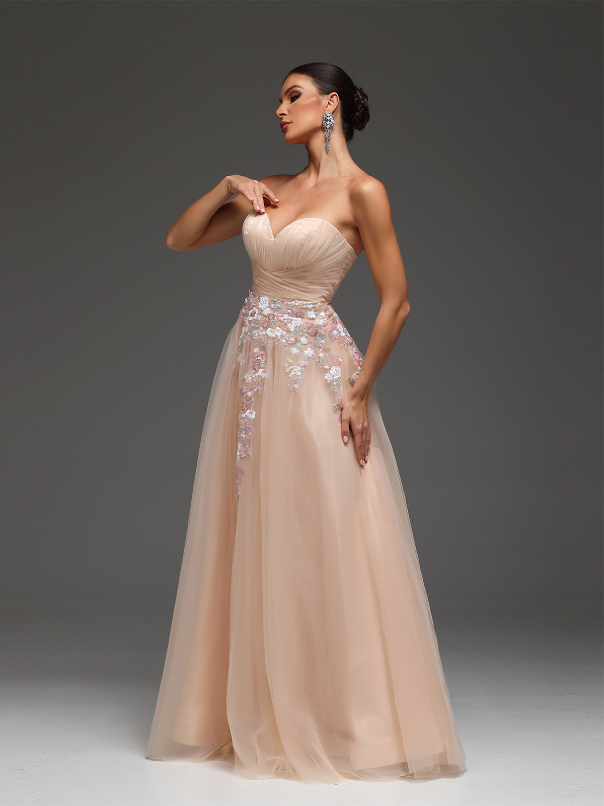 Pallas Sweetheart Floral Mesh Beaded Sequin Maxi Dress