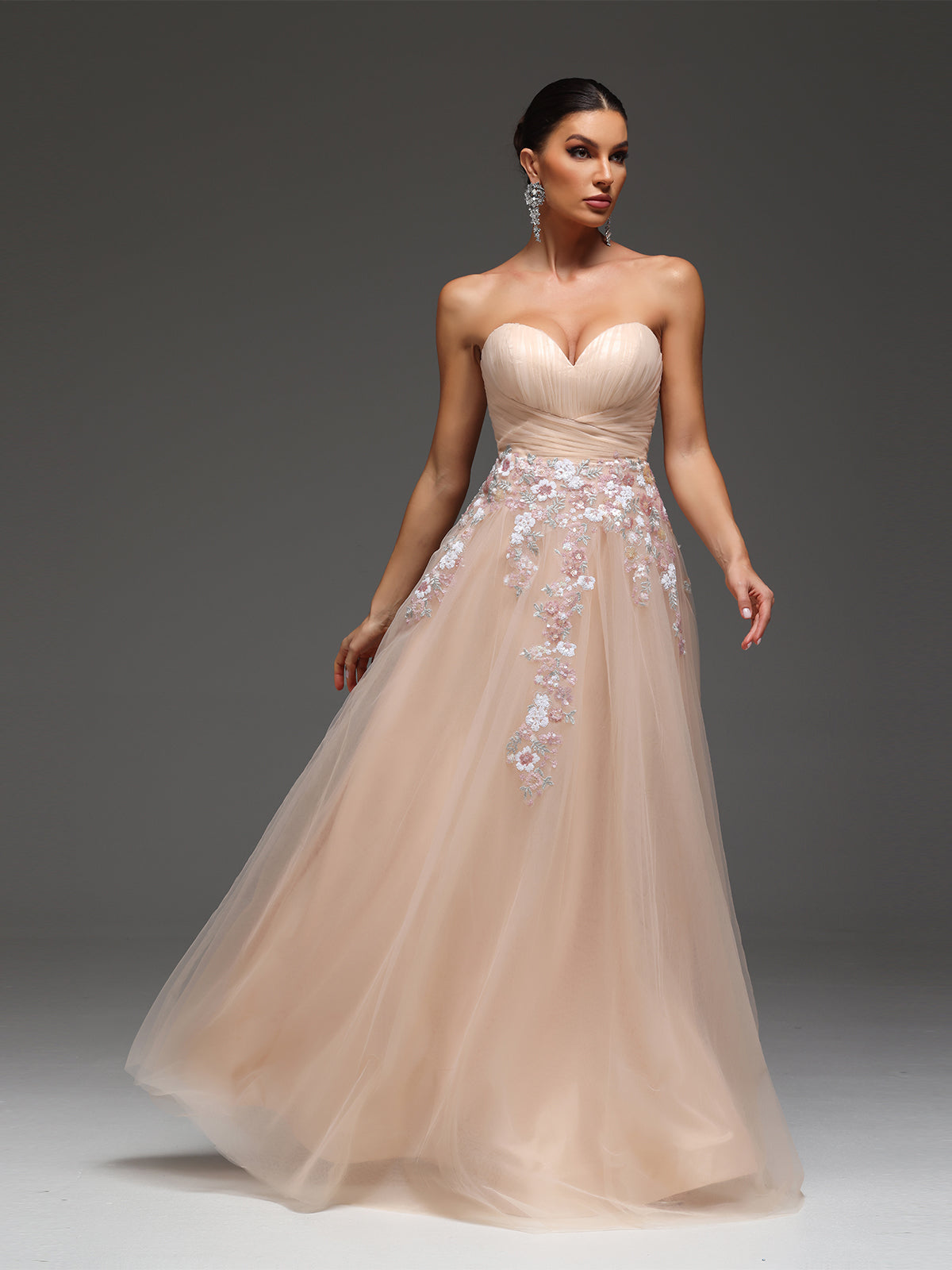 Pallas Sweetheart Floral Mesh Beaded Sequin Maxi Dress