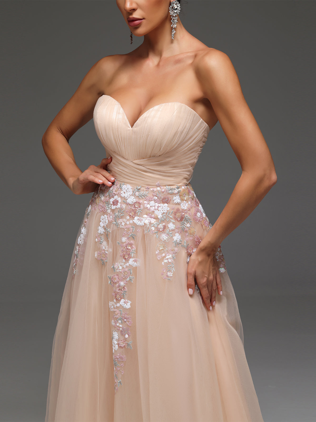 Pallas Sweetheart Floral Mesh Beaded Sequin Maxi Dress