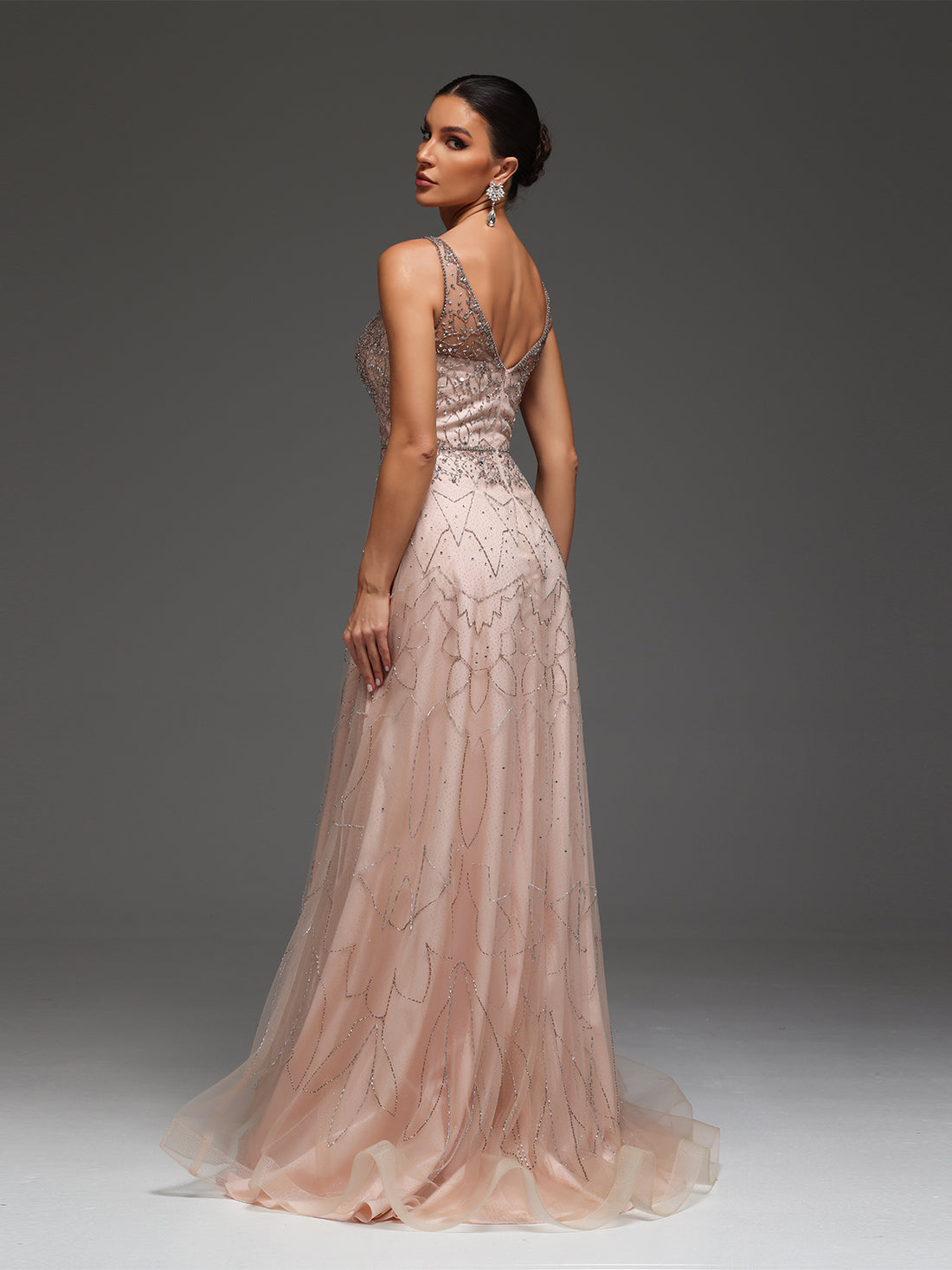 Vayla V-Neck Beaded Sequin Mesh Maxi Dress