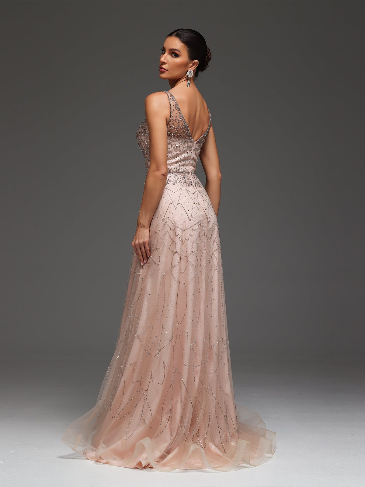 Vayla V-Neck Beaded Sequin Mesh Maxi Dress