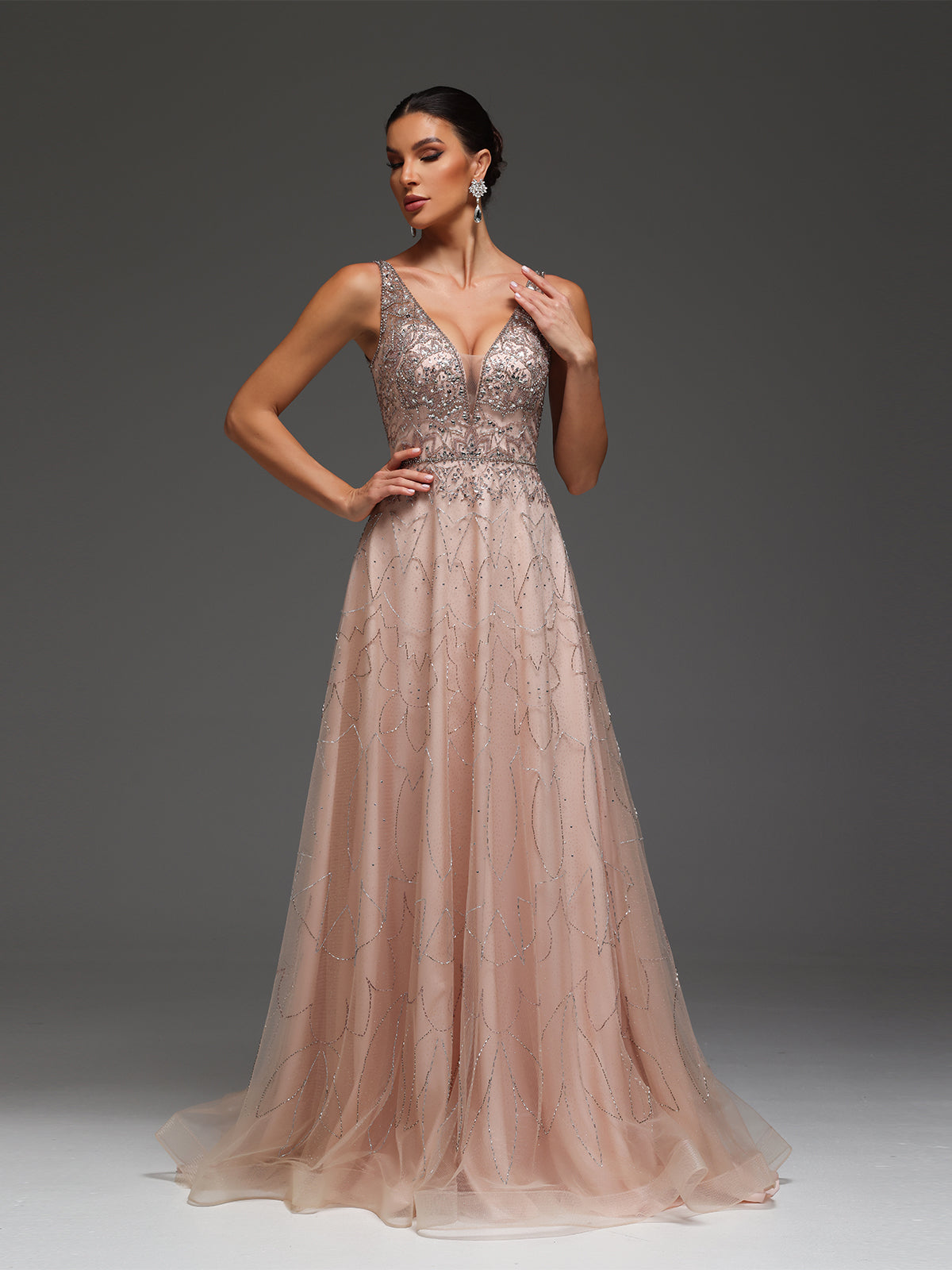 Vayla V-Neck Beaded Sequin Mesh Maxi Dress