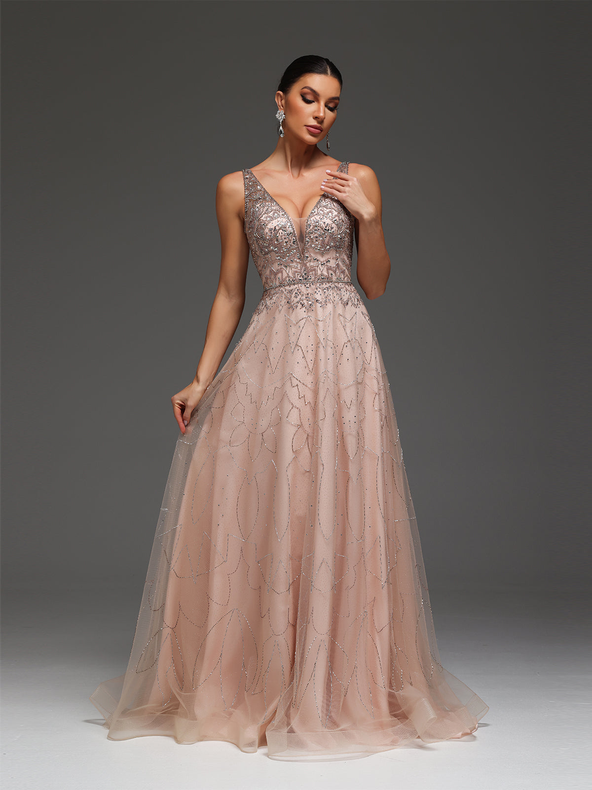 Vayla V-Neck Beaded Sequin Mesh Maxi Dress