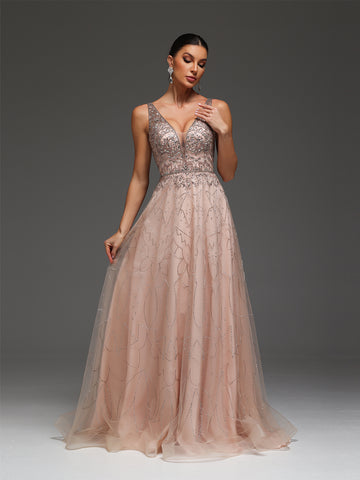 Vayla V-Neck Beaded Sequin Mesh Maxi Dress