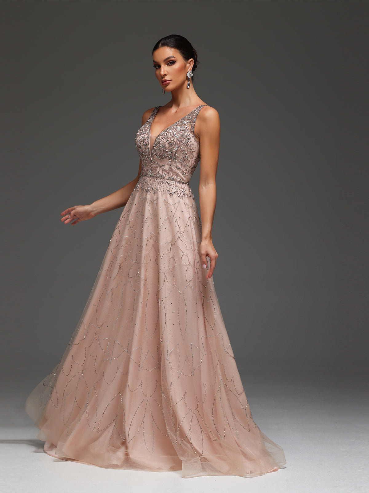 Vayla V-Neck Beaded Sequin Mesh Maxi Dress