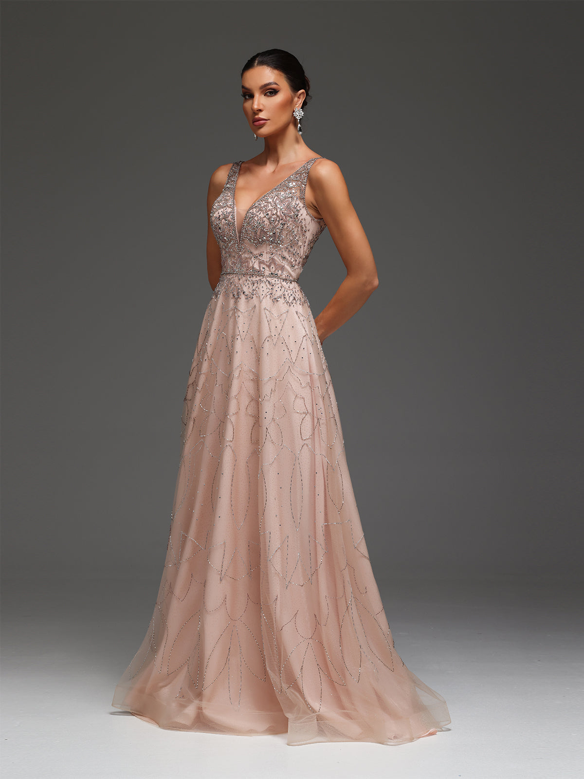 Vayla V-Neck Beaded Sequin Mesh Maxi Dress