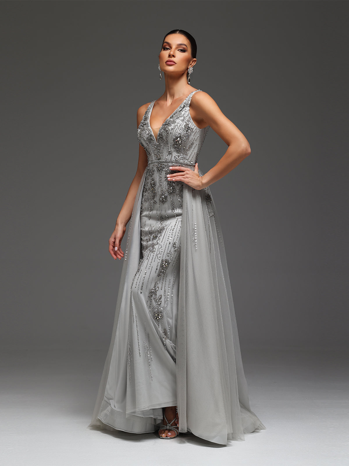 Hallie Floral Mesh Beaded Sequin Rhinestone Maxi Dress