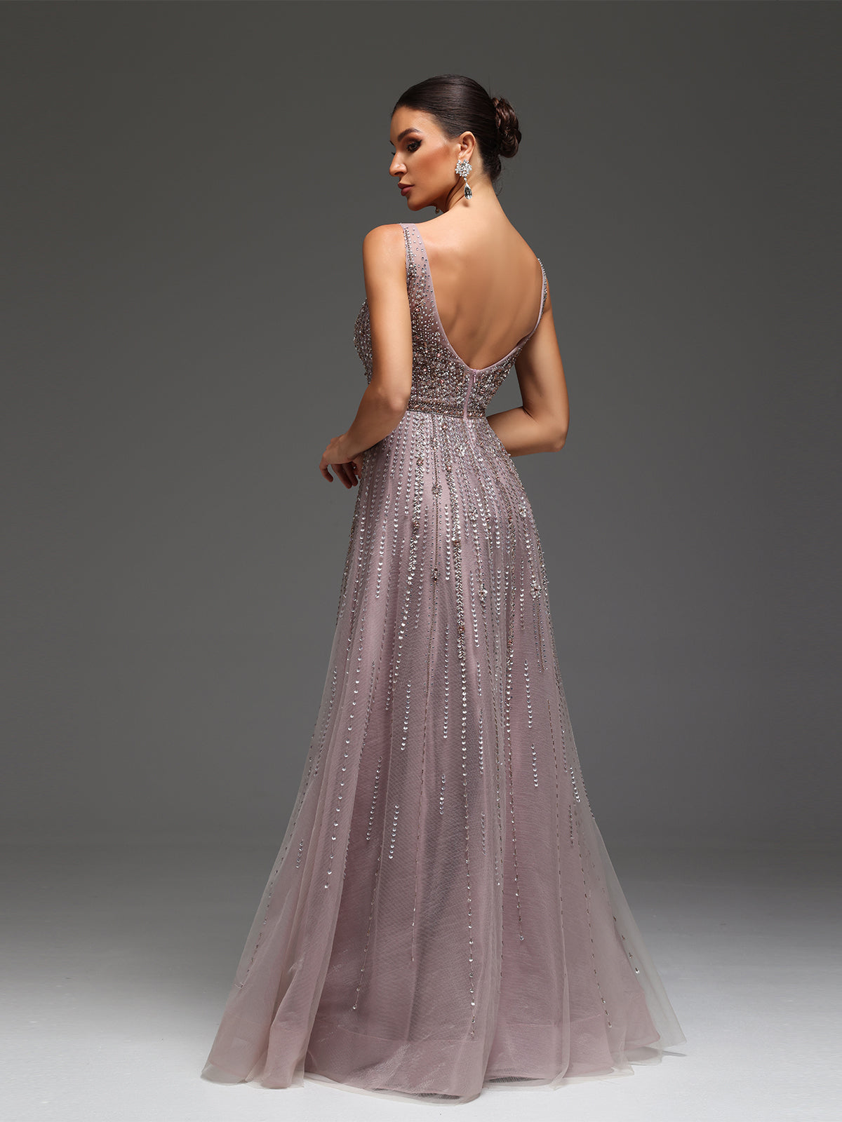 Cara Rhinestone Open Back Mesh Maxi Dress