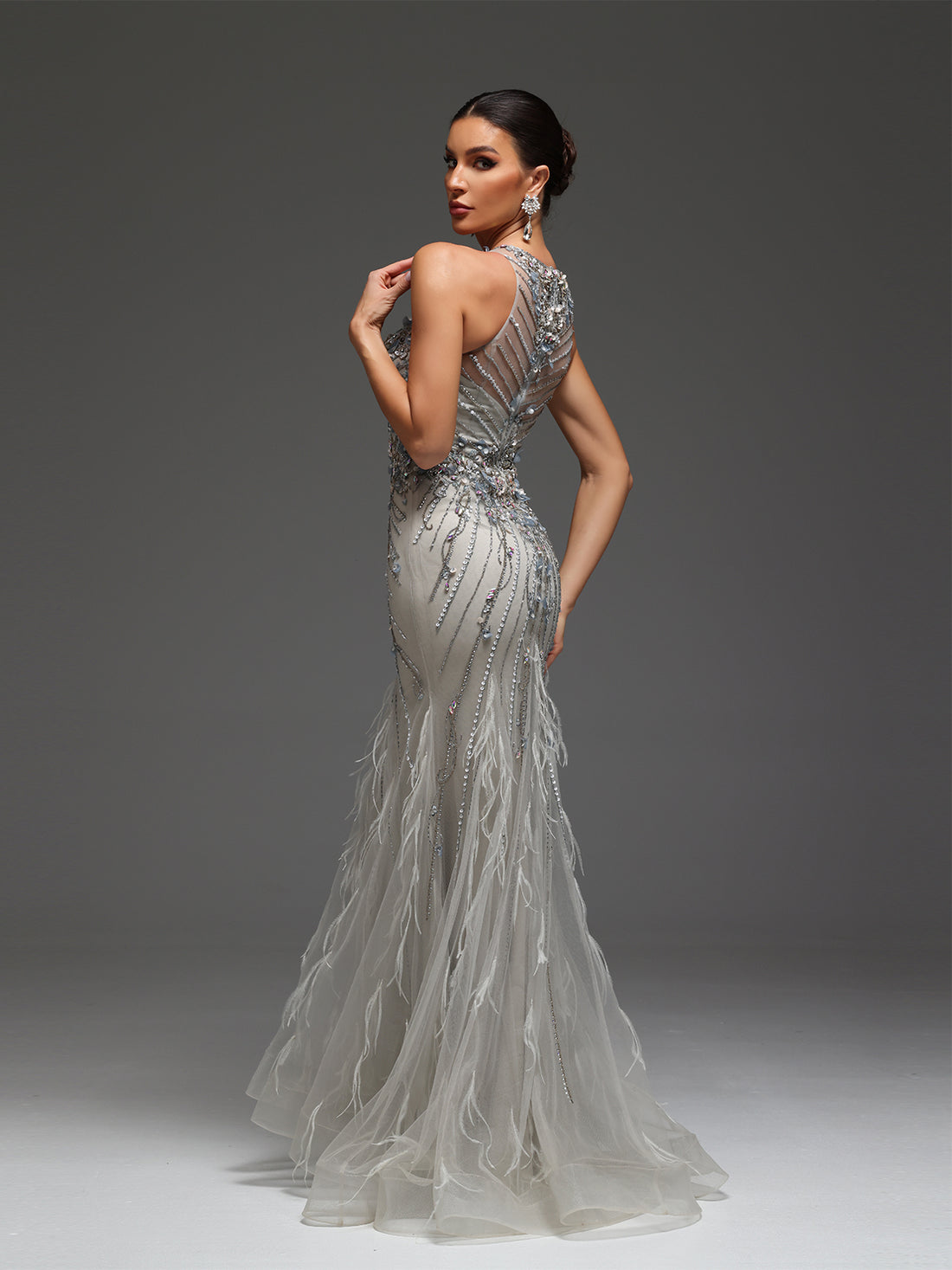 Oceana Mesh Beaded Sequin Feather Maxi Dress