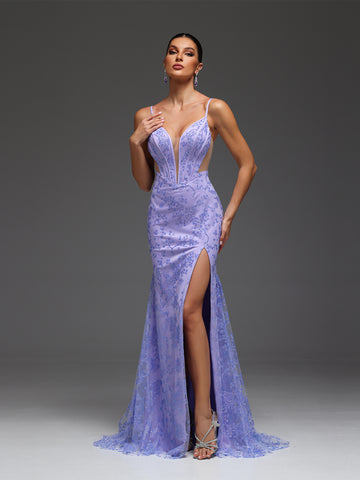 Fatima Beaded Sequin High Slit Cut Out Mesh Maxi Dress