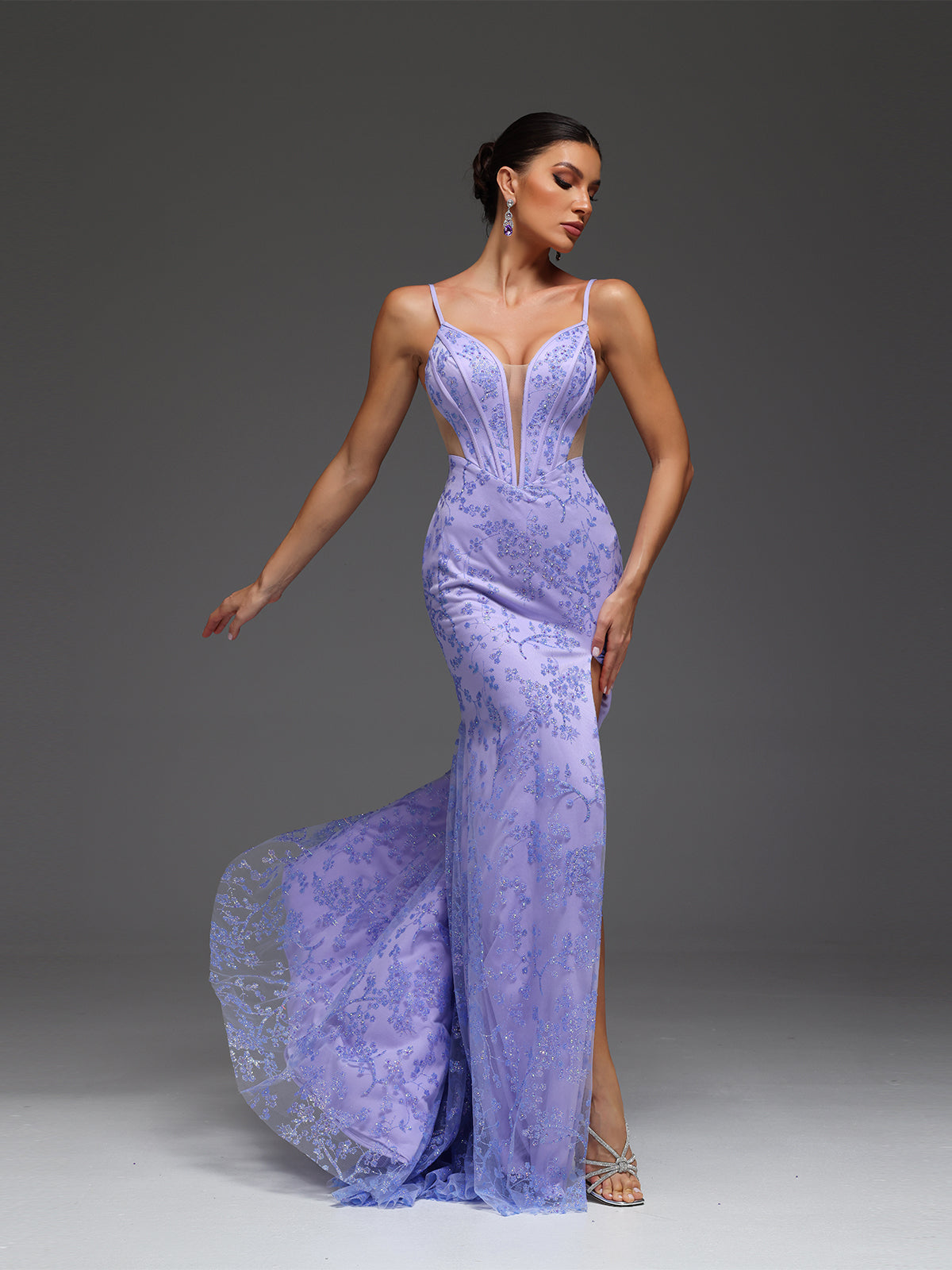 Fatima Beaded Sequin High Slit Cut Out Mesh Maxi Dress