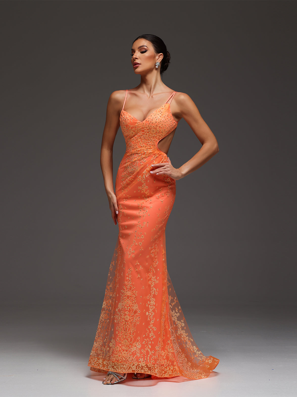 Talia Beaded Sequin Cut-Out Mesh Maxi Dress