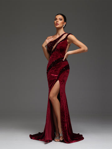 Ivona Beaded Sequin Velvet Cut-Out Mesh High Slit Maxi Dress