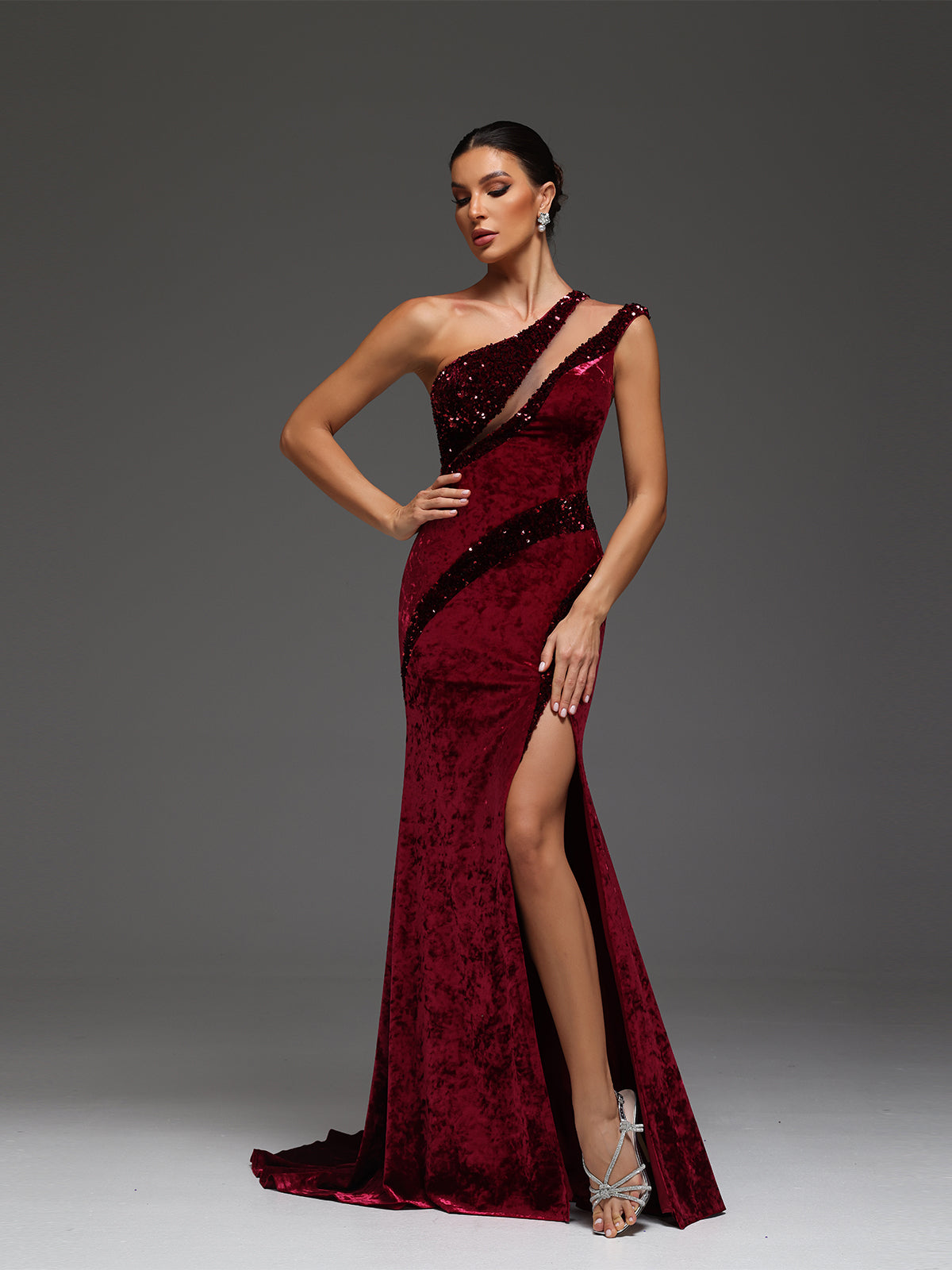 Ivona Beaded Sequin Velvet Cut-Out Mesh High Slit Maxi Dress