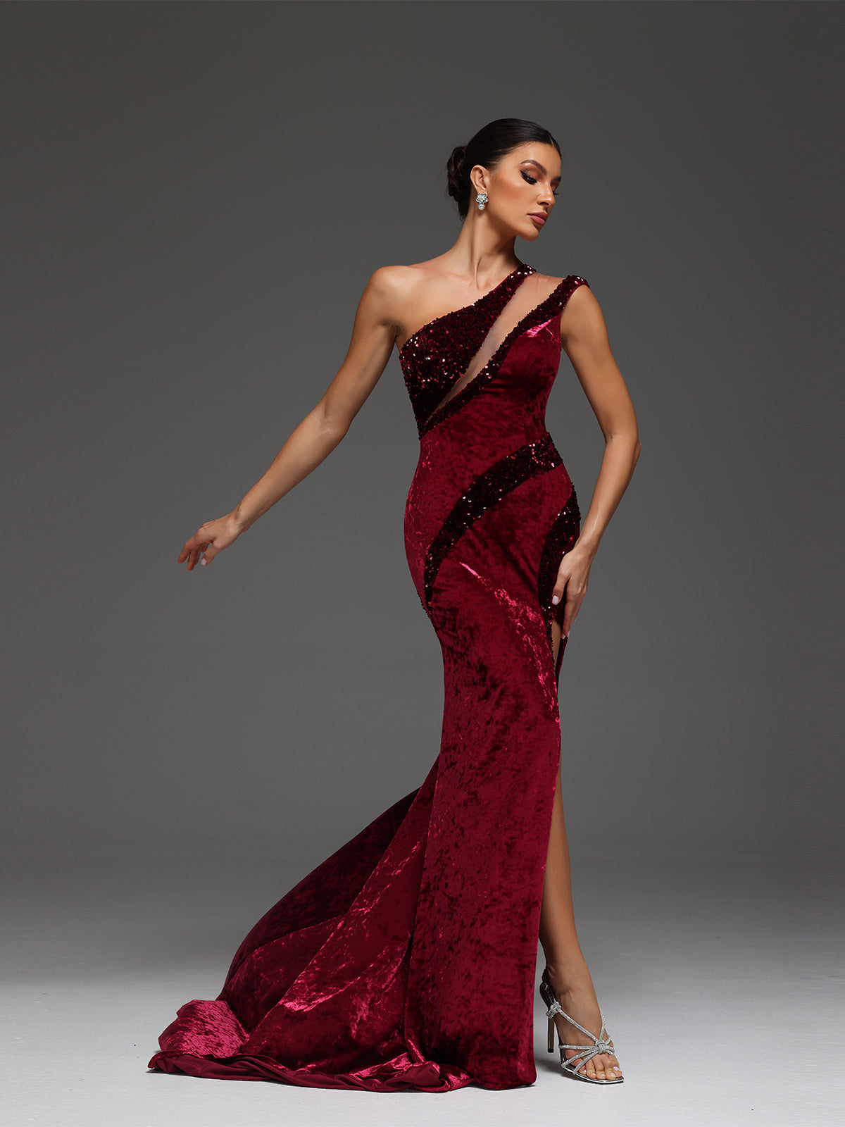 Ivona Beaded Sequin Velvet Cut-Out Mesh High Slit Maxi Dress