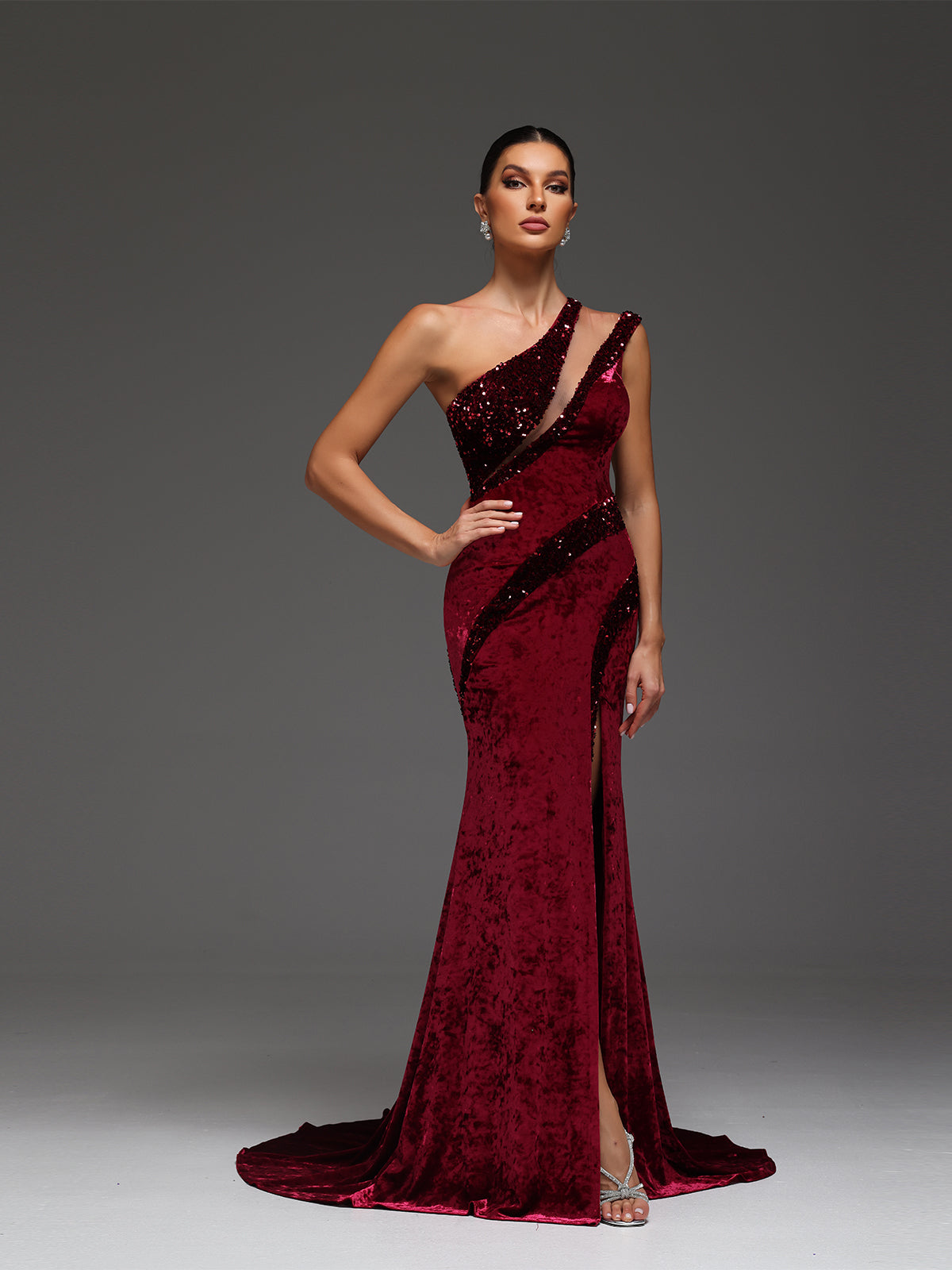 Ivona Beaded Sequin Velvet Cut-Out Mesh High Slit Maxi Dress