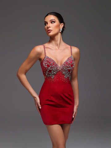 Scarlet Rhinestone Velvet Back Tie Short Dress